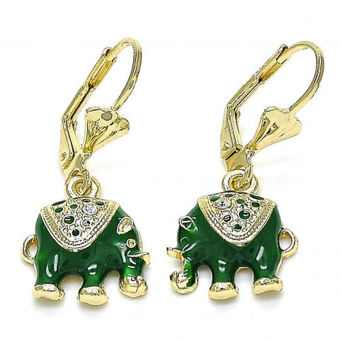 Arete Colgante 02.351.0058.3 Oro Laminado, Diseño de Elefante, con Cristal Blanca, Esmaltado Verde, Dorado