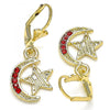 Arete Colgante 02.351.0075.1 Oro Laminado, Diseño de Luna y Estrella, Diseño de Luna, con Cristal Granate, Pulido, Dorado