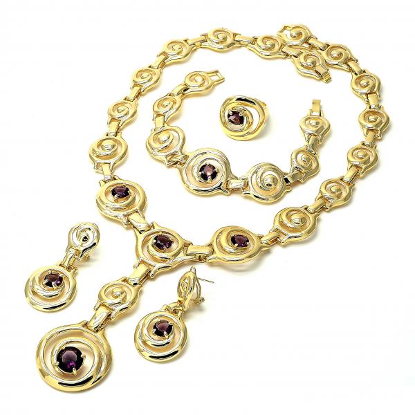 Collar, Pulso, Arete y Anillo 06.59.0066 Oro Laminado, Diseño de Espiral, con Zirconia Cubica Amatista, Pulido, Tono Dorado