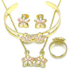 Collar, Pulso, Arete y Anillo 06.361.0035 Oro Laminado, Diseño de Flor, Pulido, Tricolor
