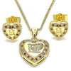 Juego de Arete y Dije de Adulto 10.156.0157.2 Oro Laminado, Diseño de Corazon y Amor, Diseño de Corazon, con Micro Pave Granate y Blanca, Pulido, Dorado