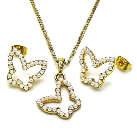 Juego de Arete y Dije de Adulto 10.379.0061 Oro Laminado, Diseño de Mariposa, con Perla Marfil, Pulido, Dorado