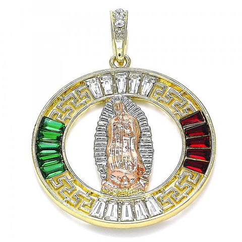 Dije Religioso 05.380.0027.1 Oro Laminado, Diseño de Guadalupe y Llave Griega, Diseño de Guadalupe, con Cristal Granate y Verde, Pulido, Tricolor