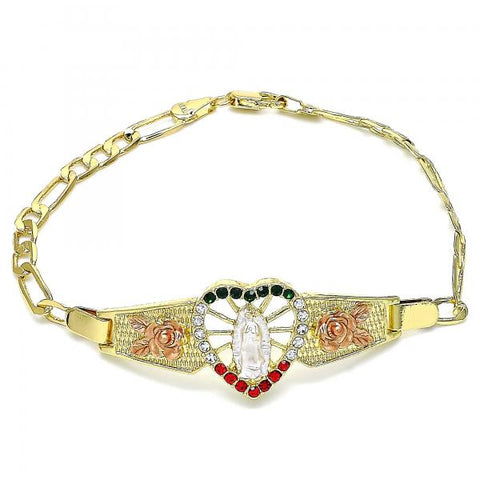 Pulsera Elegante 03.380.0082.1.08 Oro Laminado, Diseño de Guadalupe y Corazon, Diseño de Guadalupe, con Cristal Multicolor, Pulido, Tricolor