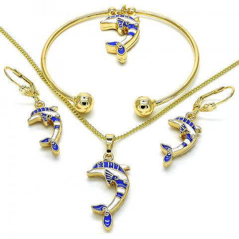 Collar, Pulso, Arete y Anillo 10.63.0590.1 Oro Laminado, Diseño de Delfin, con Cristal Blanca, Esmaltado Azul, Tono Dorado