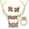 Collar, Pulso, Arete y Anillo 06.361.0030 Oro Laminado, Diseño de Flor, Esmaltado Multicolor, Dorado