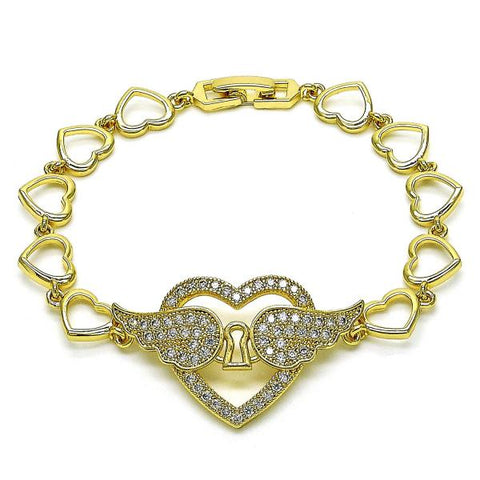 Pulsera Elegante 03.283.0378.08 Oro Laminado, Diseño de Corazon y Alas, Diseño de Corazon, con Micro Pave Blanca, Pulido, Dorado