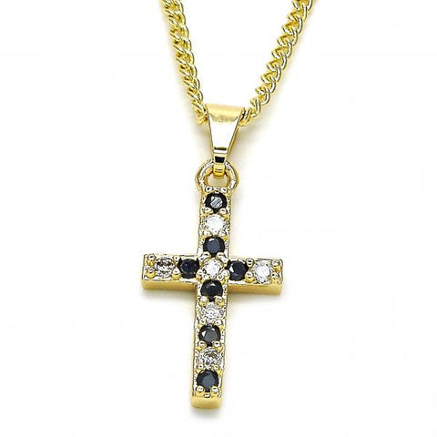 Collares con Dije 04.284.0007.2.22 Oro Laminado, Diseño de Cruz, con Zirconia Cubica Negro y Blanca, Pulido, Dorado