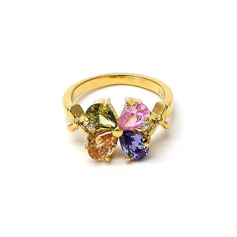 Anillo Multi Piedra 5.172.008.09 Oro Laminado, Diseño de Flor, con Zirconia Cubica Multicolor y Blanca, Pulido, Dorado