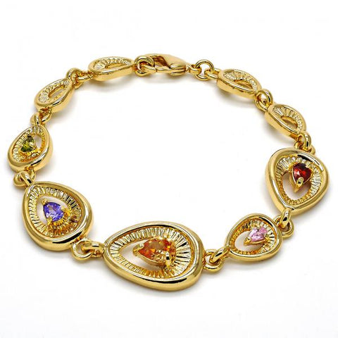 Pulsera Elegante 03.59.0036.08 Oro Laminado, Diseño de Gota, con Zirconia Cubica Multicolor, Pulido, Dorado