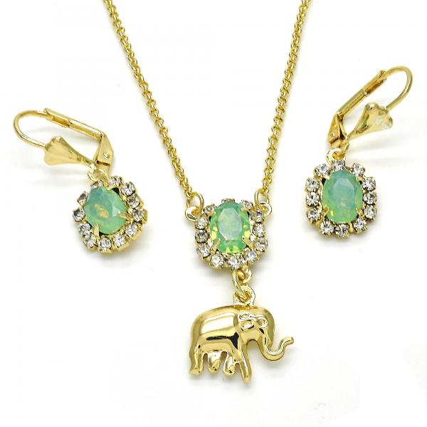 Juego de Arete y Dije de Adulto 10.122.0007.2 Oro Laminado, Diseño de Elefante, con Cristal Chrysolite Opal y Blanca, Pulido, Dorado