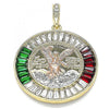 Dije Religioso 05.380.0028.1 Oro Laminado, Diseño de Moneda Centenario y Angel, Diseño de Moneda Centenario, con Cristal Granate y Verde, Pulido, Tricolor