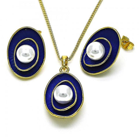 Juego de Arete y Dije de Adulto 10.379.0054.1 Oro Laminado, Diseño de Flor, con Perla Marfil, Esmaltado Azul, Dorado