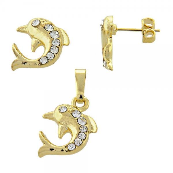 Juego de Arete y Dije de Adulto 10.164.0010 Oro Laminado, Diseño de Delfin, con Cristal Blanca, Pulido, Dorado