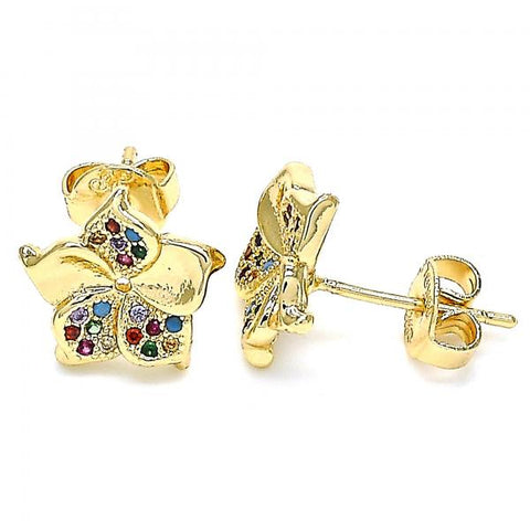 Arete Dormilona 02.233.0006 Oro Laminado, Diseño de Flor, con Micro Pave Multicolor, Pulido, Dorado