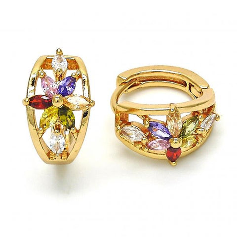 Argolla Huggie 02.264.0030.1.15 Oro Laminado, Diseño de Flor, con Zirconia Cubica Multicolor, Pulido, Dorado