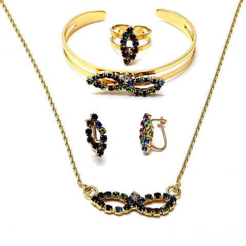 Collar, Pulso, Arete y Anillo 06.165.0008 Oro Laminado, Diseño de Infinito, con Zirconia Cubica Multicolor, Pulido, Dorado