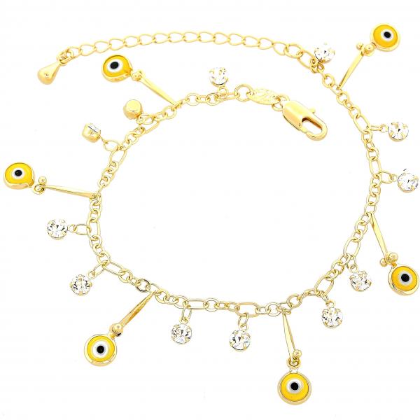 Pulsera de Dije 03.63.0180.08 Oro Laminado, Diseño de Ojo Griego, con Zirconia Cubica Blanca, Resinado Amarillo, Dorado