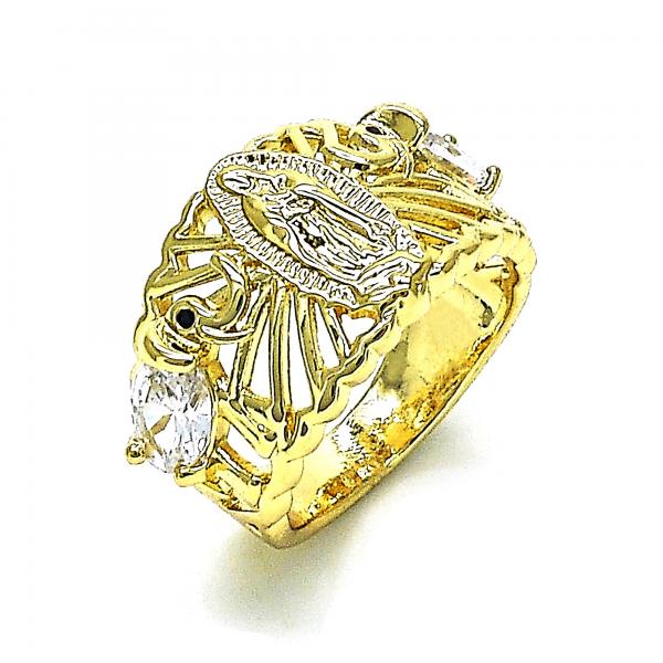 Anillo Multi Piedra 01.380.0020.08 Oro Laminado, Diseño de Guadalupe y Elefante, Diseño de Guadalupe, con Zirconia Cubica Blanca y Negro, Pulido, Dorado