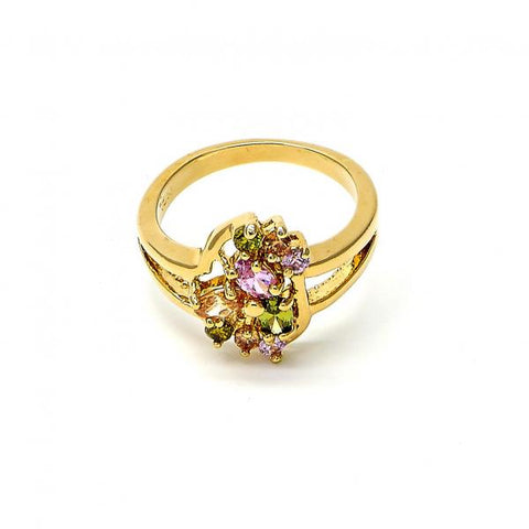 Anillo Multi Piedra 5.172.016.08 Oro Laminado, Diseño de Flor, con Zirconia Cubica Multicolor, Pulido, Dorado
