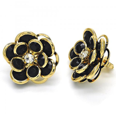 Arete Dormilona 02.64.0641.4 Oro Laminado, Diseño de Flor, con Cristal Negro y Blanca, Pulido, Dorado