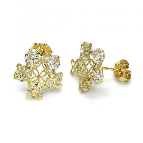 Arete Dormilona 02.106.0025 Oro Laminado, Diseño de Flor, con Zirconia Cubica Blanca, Pulido, Dorado