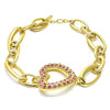 Pulsera Elegante 03.59.0056.08 Oro Laminado, Diseño de Corazon, con Cristal Fucsia, Pulido, Dorado