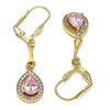 Arete Largo 02.387.0044.3 Oro Laminado, Diseño de Gota, con Zirconia Cubica Rosado y Blanca, Pulido, Dorado