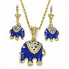 Juego de Arete y Dije de Adulto 10.351.0004.4 Oro Laminado, Diseño de Elefante, con Cristal Blanca, Esmaltado Azul, Dorado