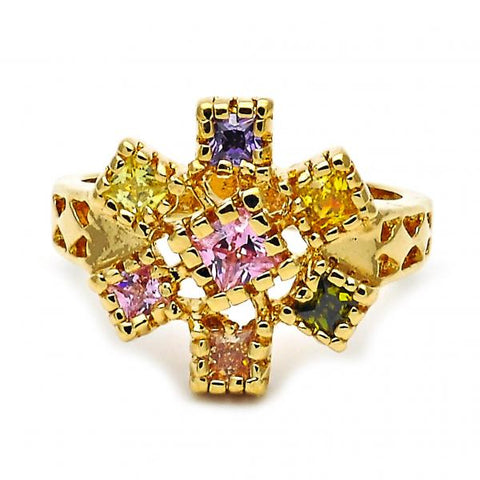 Anillo Multi Piedra 5.172.010.09 Oro Laminado, Diseño de Flor, con Zirconia Cubica Multicolor, Pulido, Dorado