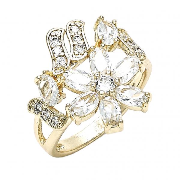 Anillo Multi Piedra 01.210.0092.08 Oro Laminado, Diseño de Flor, con Zirconia Cubica Blanca, Pulido, Dorado