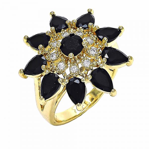 Anillo Multi Piedra 01.283.0006.08 Oro Laminado, Diseño de Flor y Gota, Diseño de Flor, con Zirconia Cubica Negro y Blanca, Pulido, Dorado