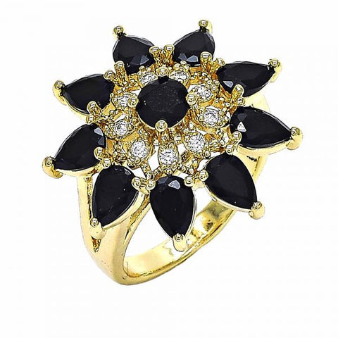 Anillo Multi Piedra 01.283.0006.08 Oro Laminado, Diseño de Flor y Gota, Diseño de Flor, con Zirconia Cubica Negro y Blanca, Pulido, Dorado