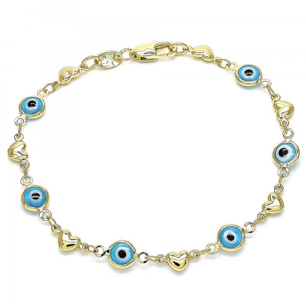 Pulsera Elegante 03.326.0008.3.08 Oro Laminado, Diseño de Ojo Griego y Corazon, Diseño de Ojo Griego, Resinado Turquesa, Dorado