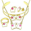Collar, Pulso, Arete y Anillo 06.361.0027 Oro Laminado, Diseño de Elefante, Esmaltado Rosado, Dorado