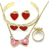 Collar, Pulso, Arete y Anillo 06.361.0025.1 Oro Laminado, Diseño de Corazon, Esmaltado Rojo, Dorado