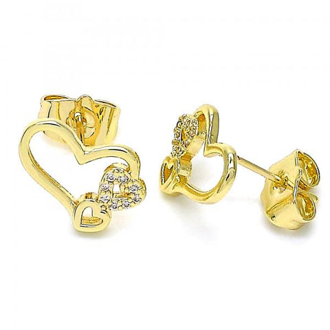 Arete Dormilona 02.156.0518 Oro Laminado, Diseño de Corazon, con Micro Pave Blanca, Pulido, Dorado