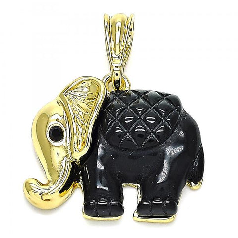 Dije Elegante 05.380.0119.1 Oro Laminado, Diseño de Elefante, con Cristal Negro, Resinado Negro, Dorado