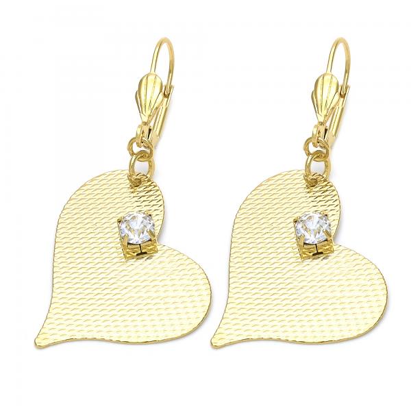 Arete Colgante 77.002 Oro Laminado, Diseño de Corazon, con Cristal Blanca, Diamantado, Dorado