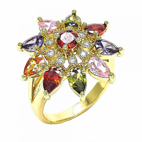 Anillo Multi Piedra 01.283.0006.1.08 Oro Laminado, Diseño de Flor y Gota, Diseño de Flor, con Zirconia Cubica Multicolor, Pulido, Dorado