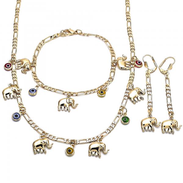 Collar, Pulso y Arete 06.213.0009 Oro Laminado, Diseño de Elefante y Ojo Griego, Diseño de Elefante, Resinado Multicolor, Tono Dorado