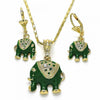 Juego de Arete y Dije de Adulto 10.351.0004.2 Oro Laminado, Diseño de Elefante, con Cristal Blanca, Esmaltado Verde, Dorado