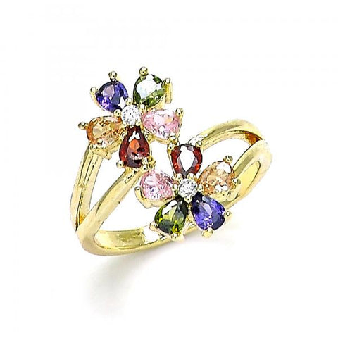 Anillo Multi Piedra 01.210.0146.07 Oro Laminado, Diseño de Flor, con Zirconia Cubica Multicolor, Pulido, Dorado
