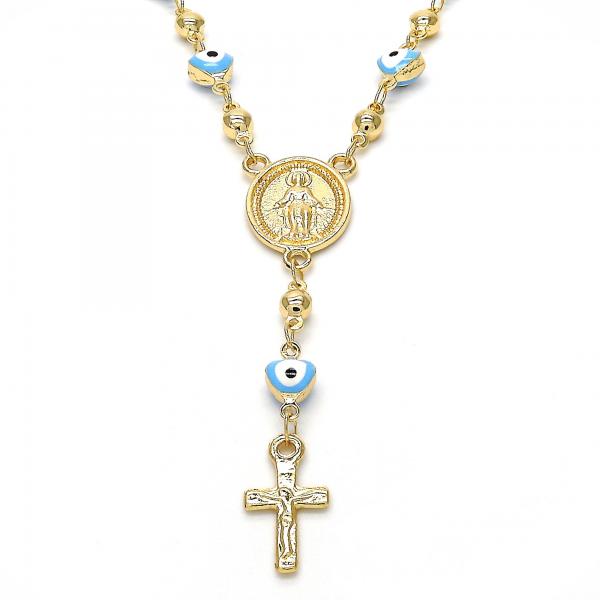 Rosario Mediano 09.213.0015.18 Oro Laminado, Diseño de Virgen Maria y Crucifijo, Diseño de Virgen Maria, Esmaltado Azul Claro, Dorado