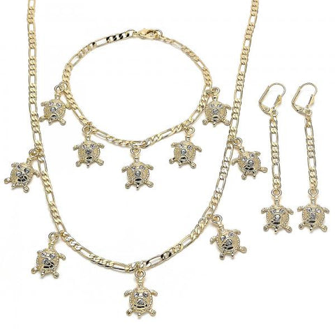 Collar, Pulso y Arete 06.213.0005 Oro Laminado, Diseño de Tortuga, con Cristal Blanca, Pulido, Dorado