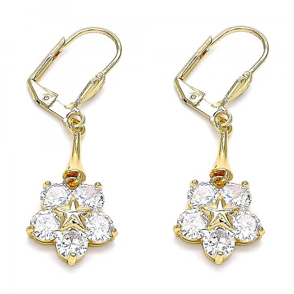 Arete Largo 02.387.0063.1 Oro Laminado, Diseño de Flor y Estrella, Diseño de Flor, con Zirconia Cubica Blanca, Pulido, Dorado