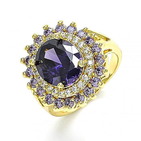 Anillo Multi Piedra 01.346.0021.5.07 Oro Laminado, con Zirconia Cubica Amatista y Blanca, Pulido, Dorado