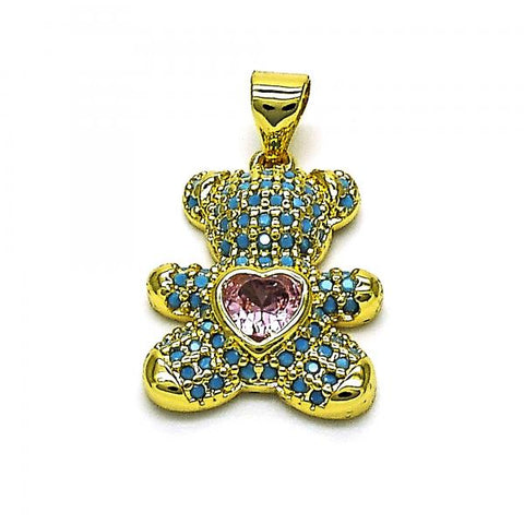 Dije Elegante 05.341.0060.1 Oro Laminado, Diseño de Osito, con Zirconia Cubica Rosado y Micro PaveTurquoise, Pulido, Dorado