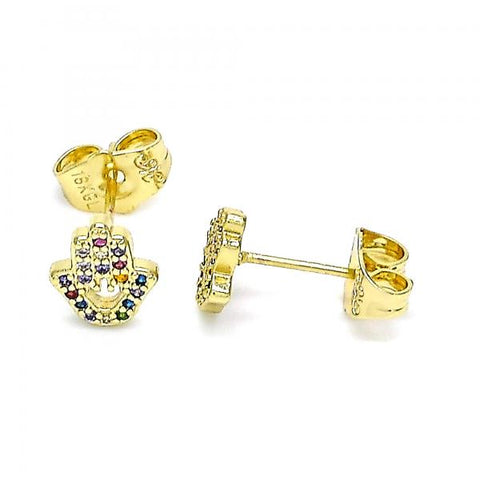 Arete Dormilona 02.156.0604.1 Oro Laminado, Diseño de Mano de Dios, con Micro Pave Multicolor, Pulido, Dorado