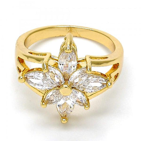 Anillo Multi Piedra 01.210.0012.09 Oro Laminado, Diseño de Flor, con Zirconia Cubica Blanca, Pulido, Dorado